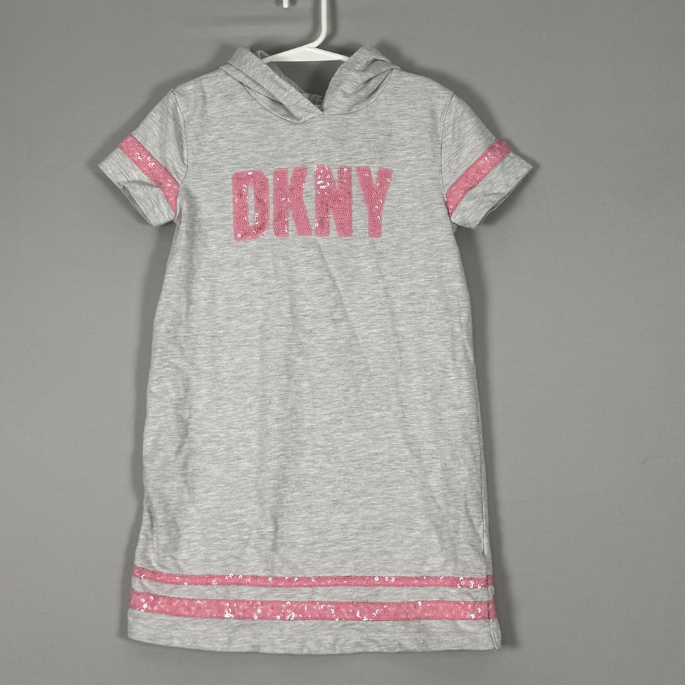 DKNY Hooded Dress Kids Size 7 Gray Pink Sequin Excellent Short Sleeve Logo